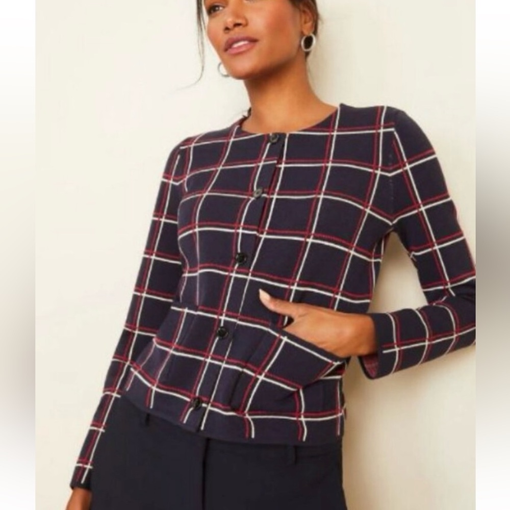 Ann Taylor - Navy & Red Plaid Button-Up Cardigan